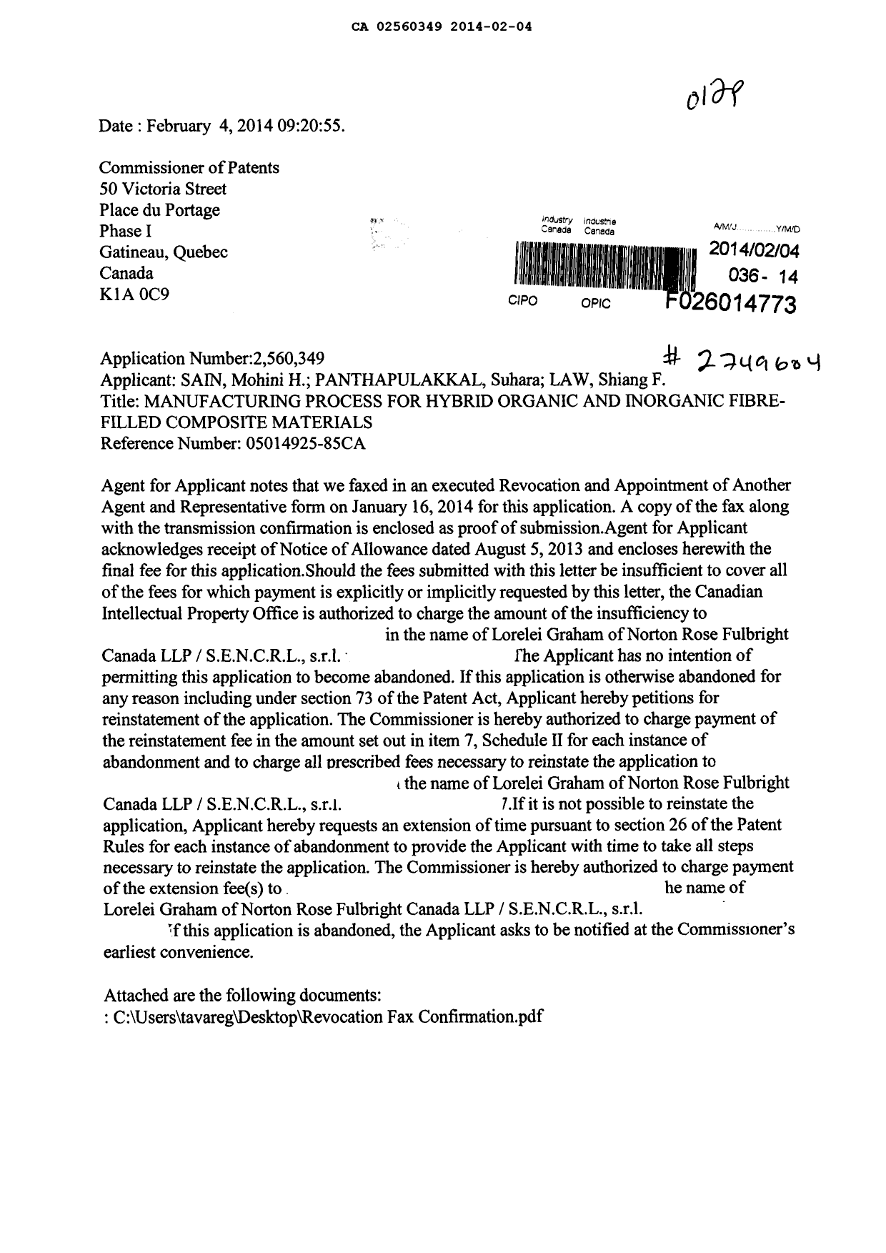 Document de brevet canadien 2560349. Correspondance 20131204. Image 1 de 6