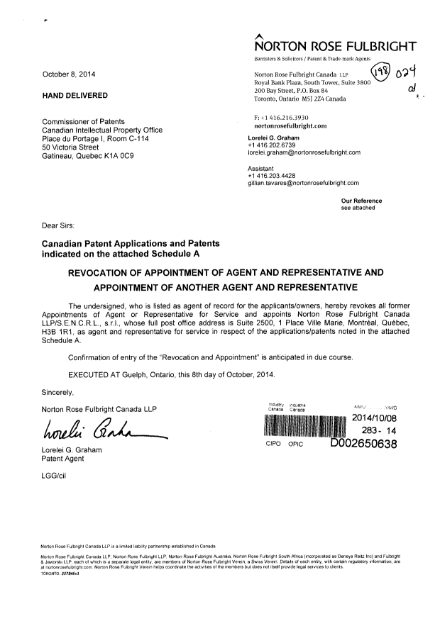 Document de brevet canadien 2560349. Correspondance 20131208. Image 1 de 3