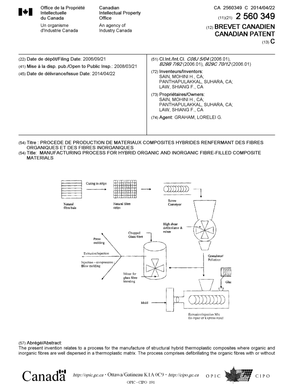 Canadian Patent Document 2560349. Cover Page 20131225. Image 1 of 2