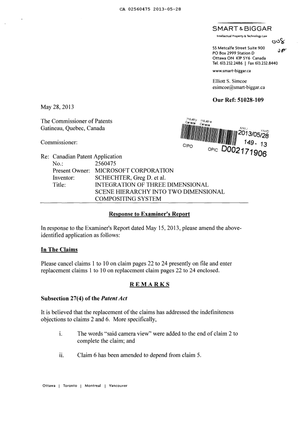 Canadian Patent Document 2560475. Prosecution-Amendment 20130528. Image 1 of 5