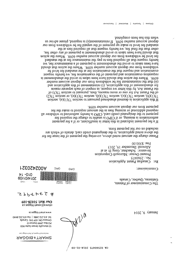 Canadian Patent Document 2560475. Correspondence 20131209. Image 1 of 2