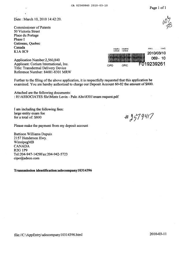 Canadian Patent Document 2560840. Prosecution-Amendment 20100310. Image 1 of 2
