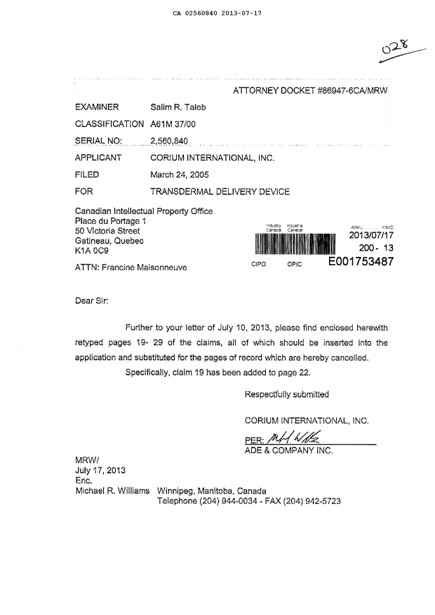 Canadian Patent Document 2560840. Correspondence 20130717. Image 1 of 18