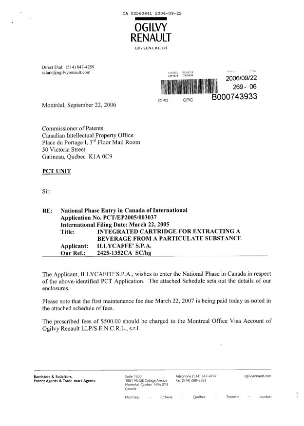Document de brevet canadien 2560841. Cession 20060922. Image 1 de 5