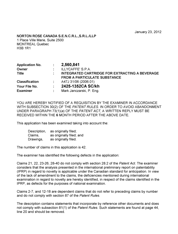 Document de brevet canadien 2560841. Poursuite-Amendment 20120123. Image 1 de 2