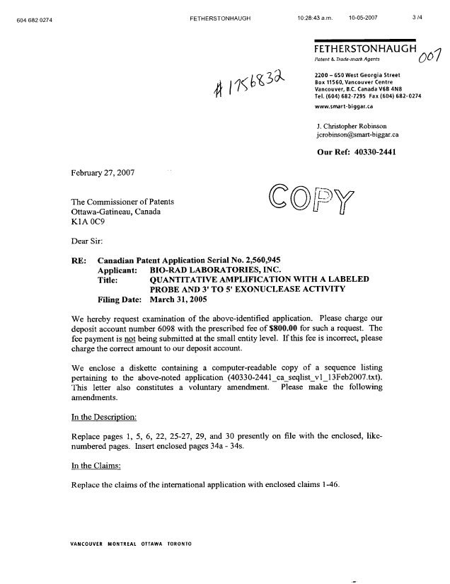 Canadian Patent Document 2560945. Prosecution-Amendment 20070227. Image 1 of 4