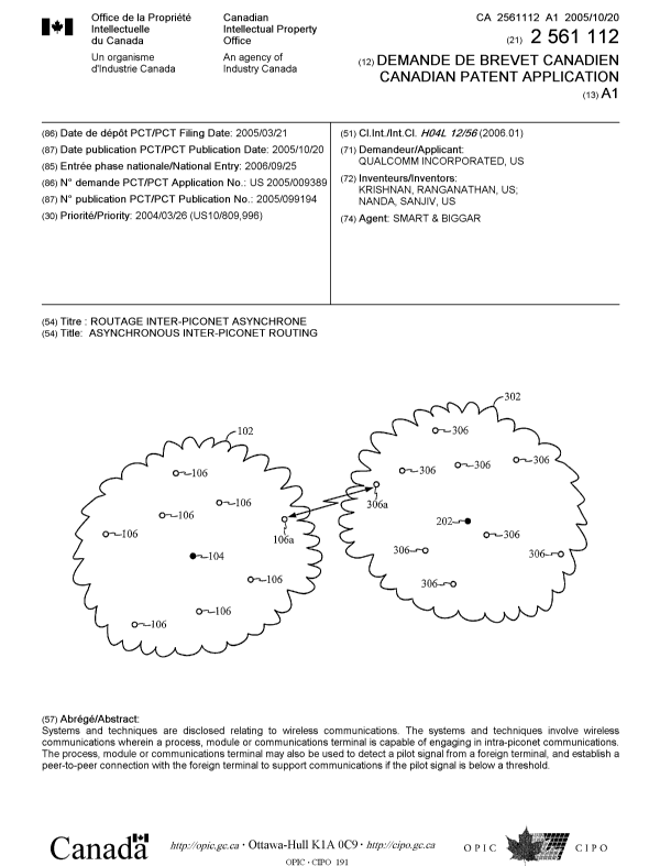 Document de brevet canadien 2561112. Page couverture 20061124. Image 1 de 1