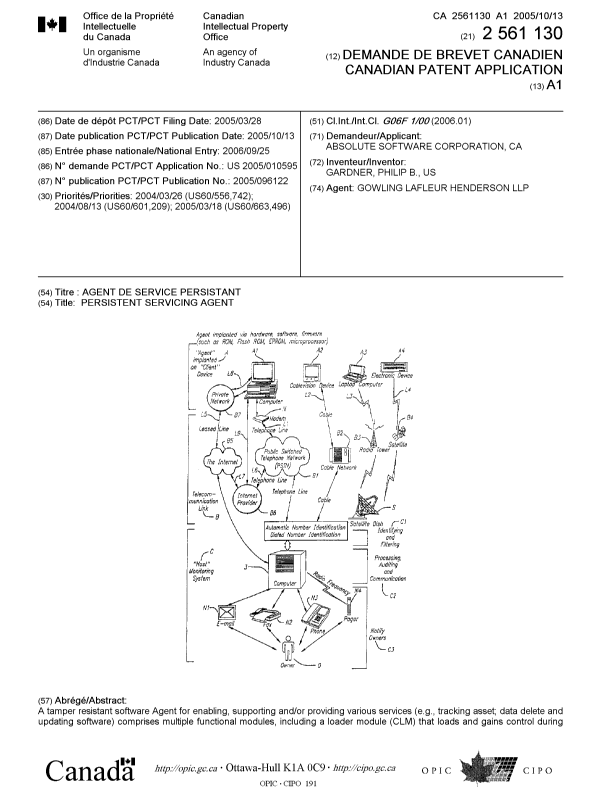 Document de brevet canadien 2561130. Page couverture 20061127. Image 1 de 2