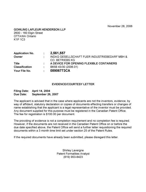 Canadian Patent Document 2561557. Correspondence 20061206. Image 1 of 1