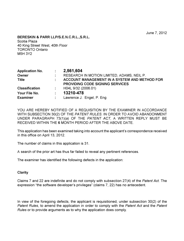 Canadian Patent Document 2561604. Prosecution-Amendment 20111207. Image 1 of 2