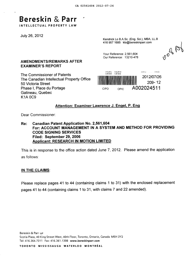 Document de brevet canadien 2561604. Poursuite-Amendment 20120726. Image 1 de 6