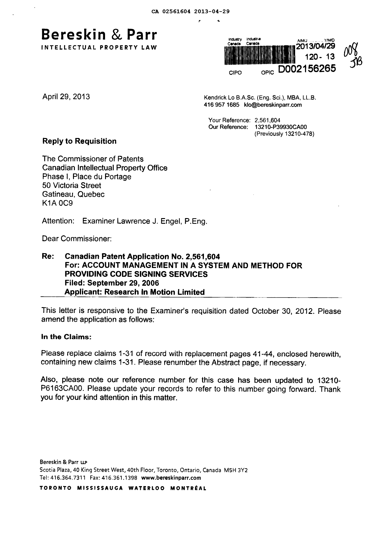 Document de brevet canadien 2561604. Poursuite-Amendment 20121229. Image 1 de 11