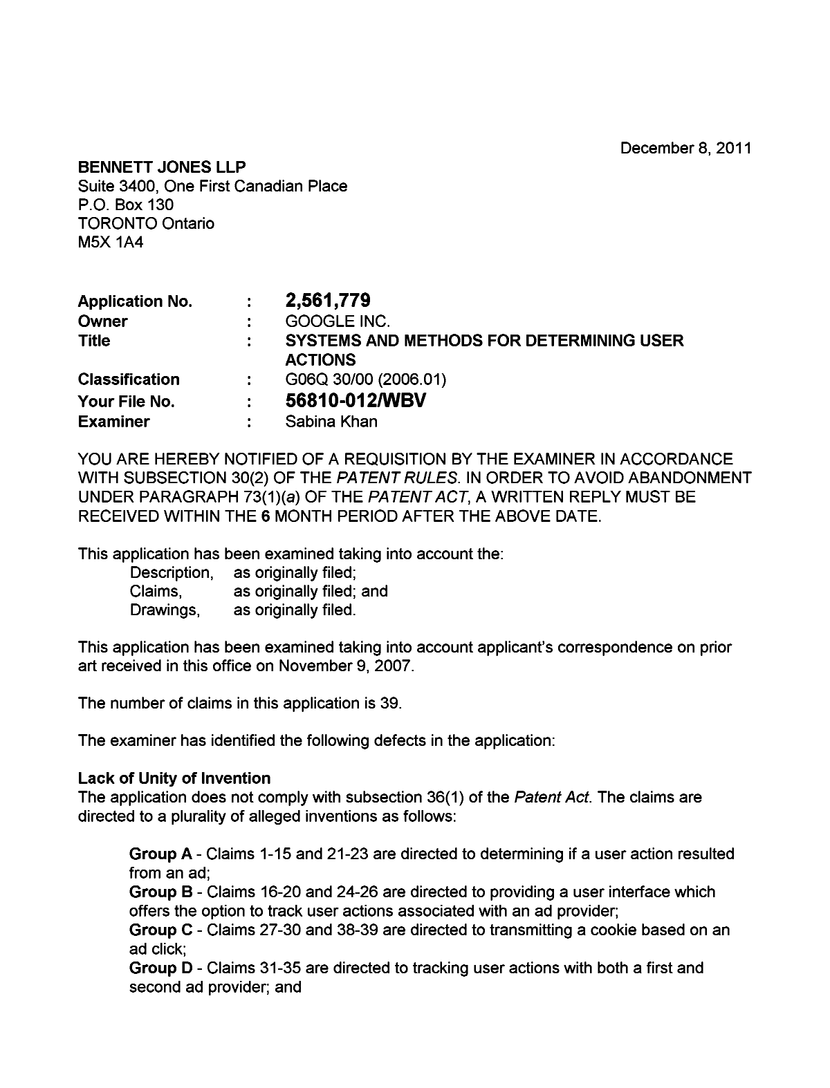 Canadian Patent Document 2561779. Prosecution-Amendment 20111208. Image 1 of 3
