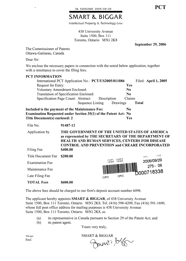 Document de brevet canadien 2561845. Cession 20060929. Image 1 de 9