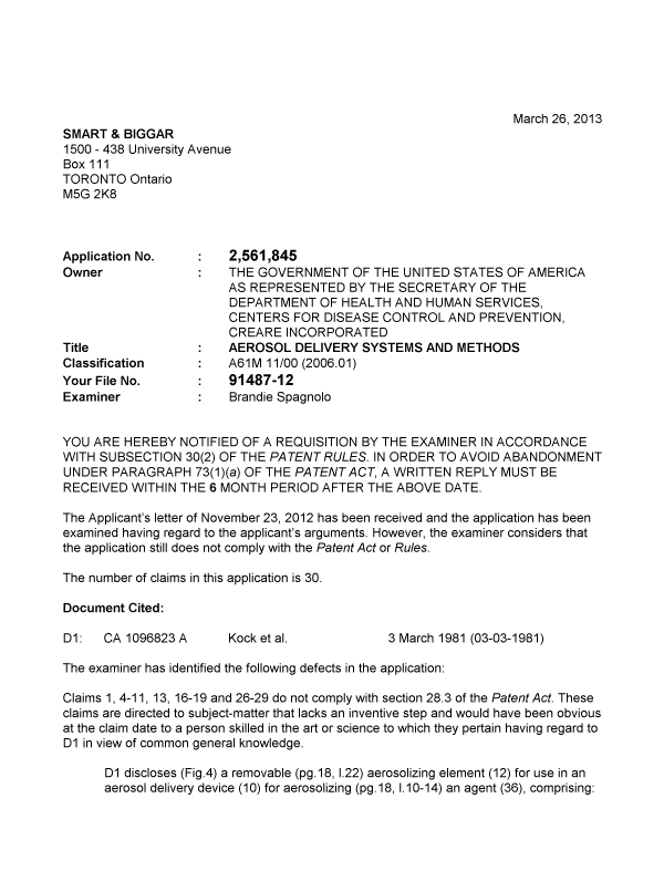 Document de brevet canadien 2561845. Poursuite-Amendment 20130326. Image 1 de 3