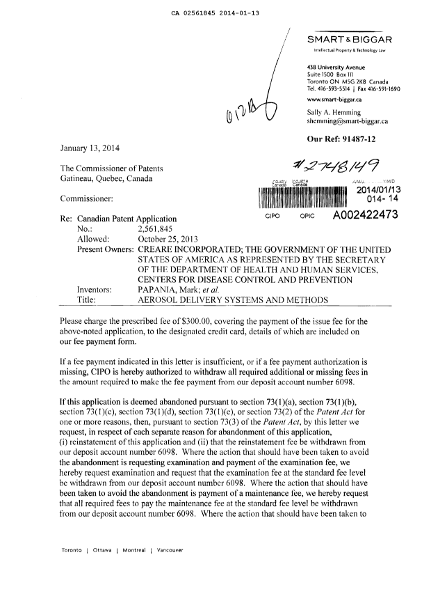 Document de brevet canadien 2561845. Correspondance 20140113. Image 1 de 2