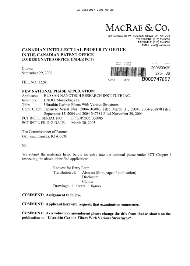 Document de brevet canadien 2561917. Poursuite-Amendment 20060929. Image 1 de 2
