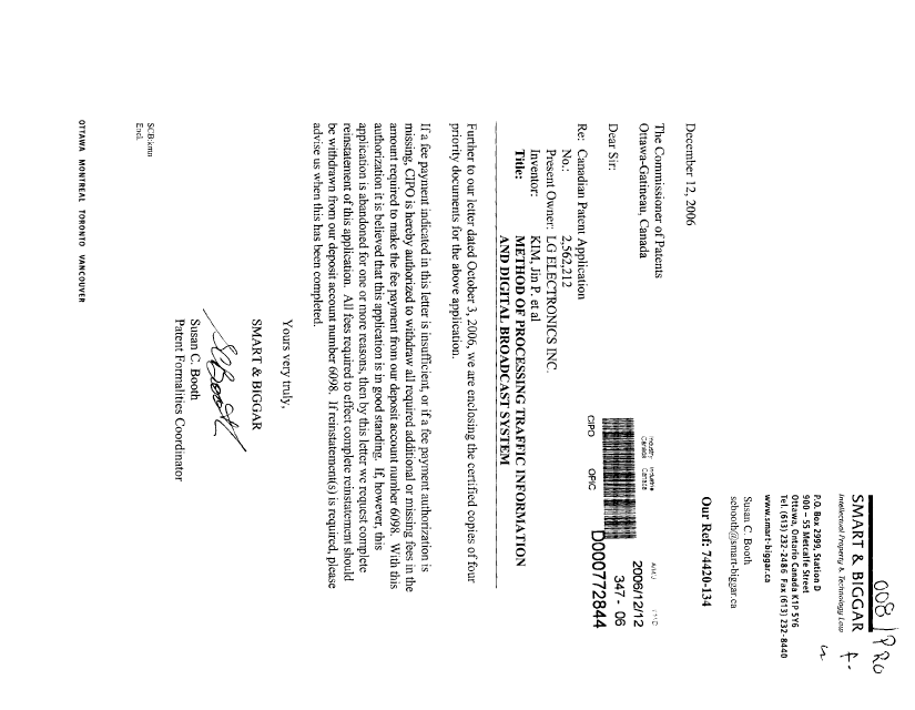 Canadian Patent Document 2562212. Prosecution Correspondence 20061212. Image 1 of 1