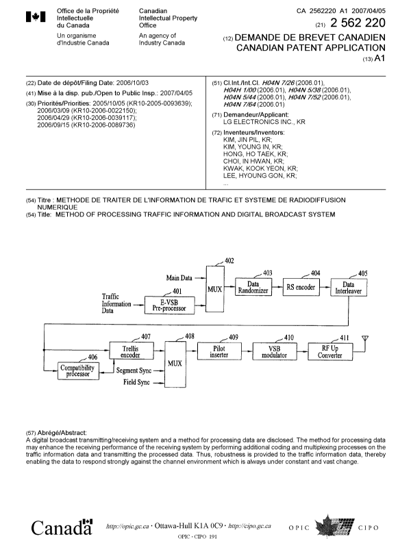 Document de brevet canadien 2562220. Page couverture 20070328. Image 1 de 2