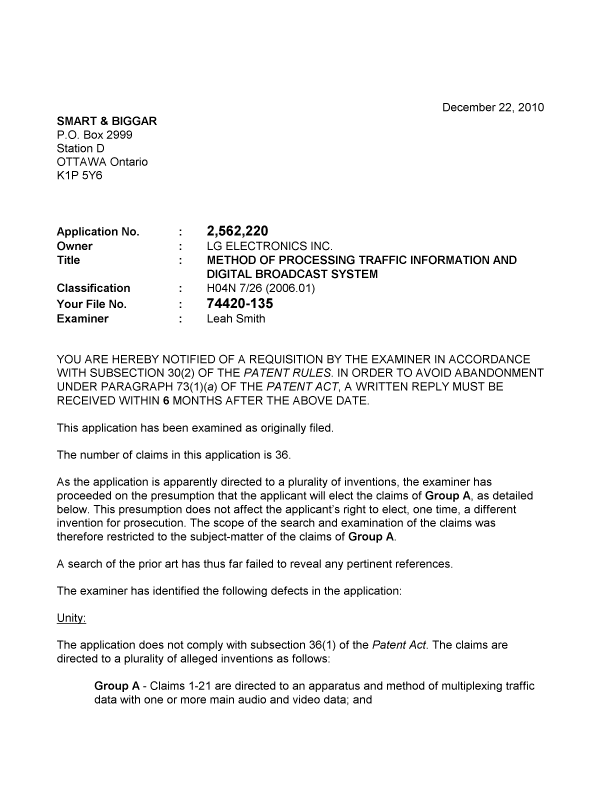 Document de brevet canadien 2562220. Poursuite-Amendment 20101222. Image 1 de 3