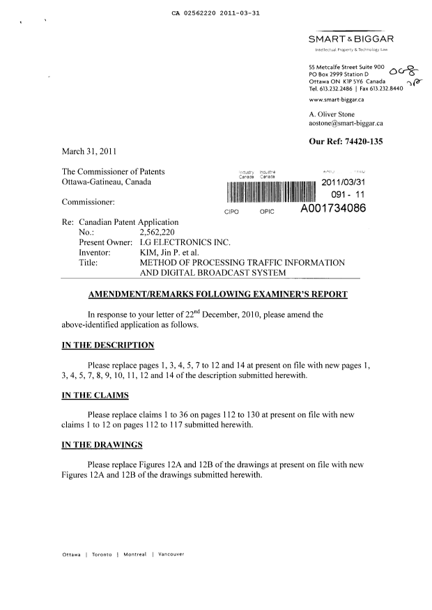Document de brevet canadien 2562220. Poursuite-Amendment 20110331. Image 1 de 25