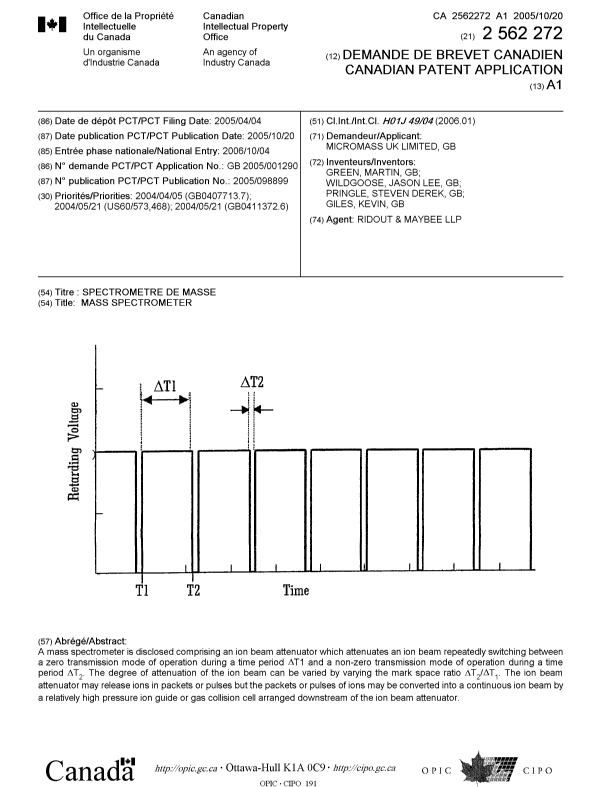 Document de brevet canadien 2562272. Page couverture 20061206. Image 1 de 1