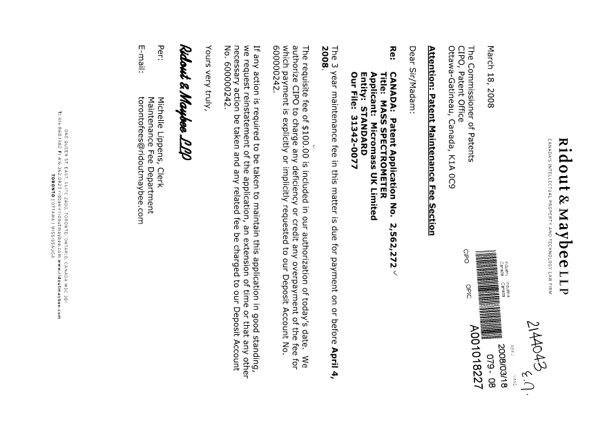 Document de brevet canadien 2562272. Taxes 20080318. Image 1 de 1