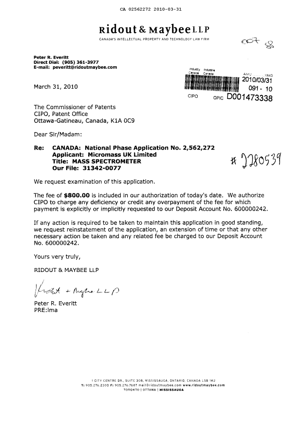 Canadian Patent Document 2562272. Prosecution-Amendment 20100331. Image 1 of 1