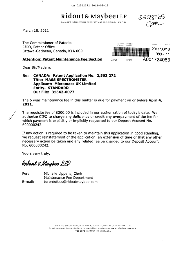 Canadian Patent Document 2562272. Fees 20110318. Image 1 of 1