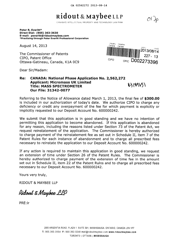 Canadian Patent Document 2562272. Correspondence 20130814. Image 1 of 1