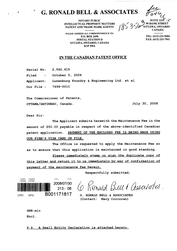 Document de brevet canadien 2562615. Taxes 20080730. Image 1 de 2