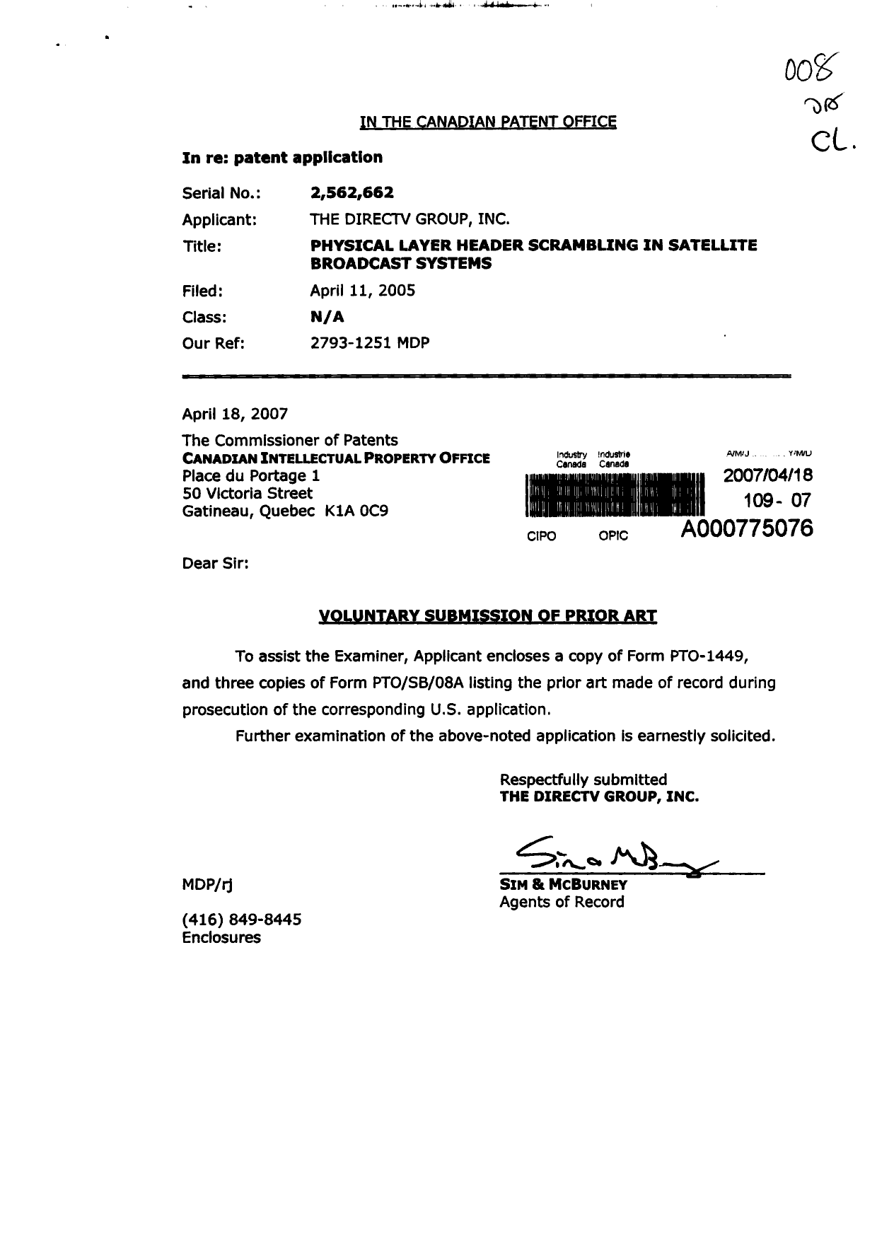 Canadian Patent Document 2562662. Prosecution-Amendment 20070418. Image 1 of 1
