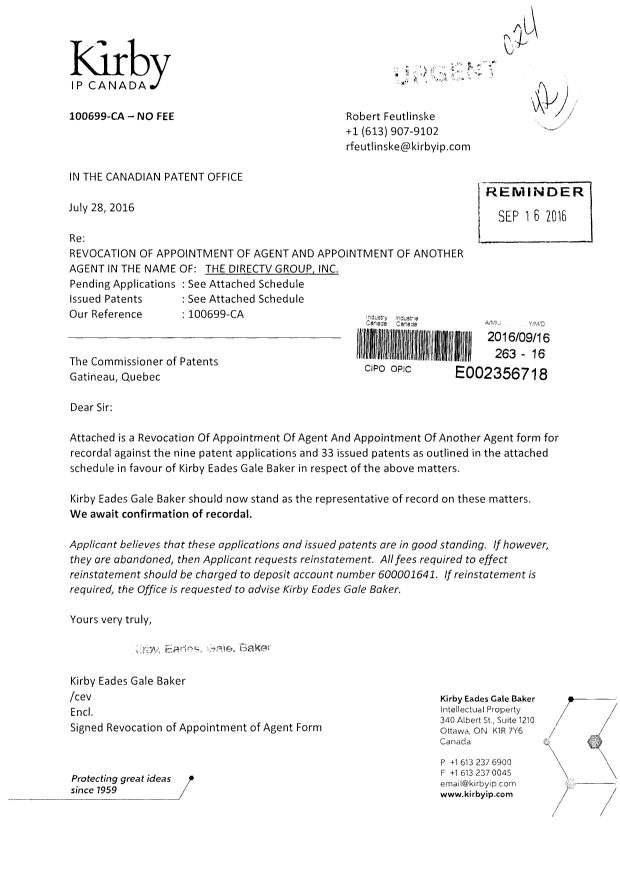 Document de brevet canadien 2562662. Correspondance 20160916. Image 1 de 4