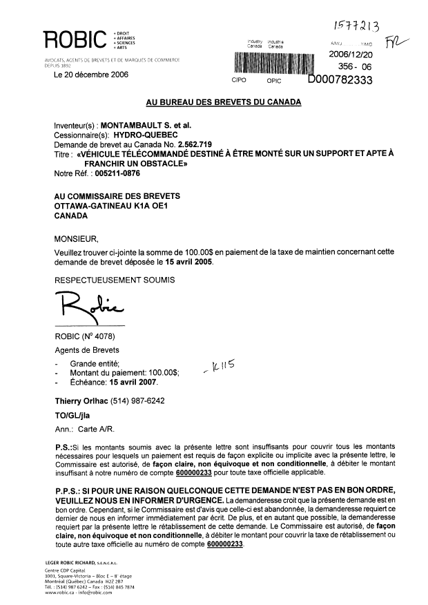 Document de brevet canadien 2562719. Taxes 20051220. Image 1 de 1