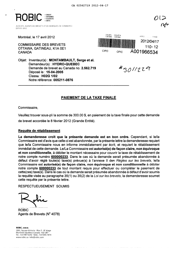 Document de brevet canadien 2562719. Correspondance 20111217. Image 1 de 2