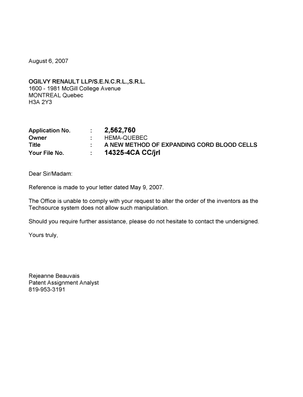 Canadian Patent Document 2562760. Correspondence 20061206. Image 1 of 1