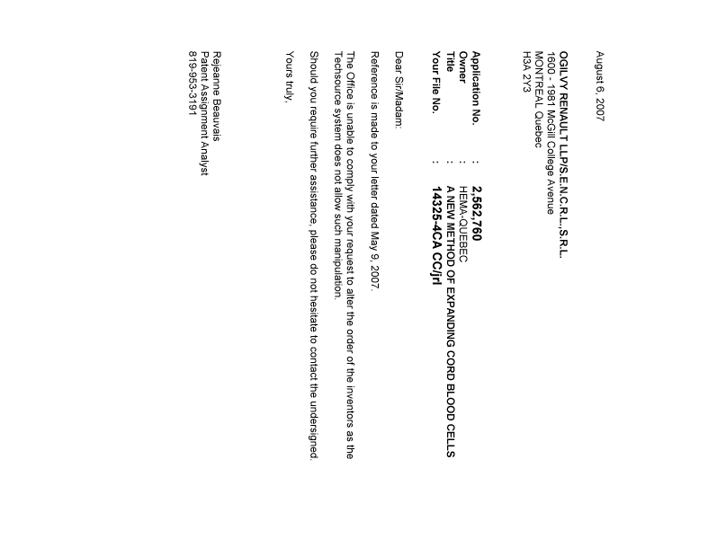 Document de brevet canadien 2562760. Correspondance 20061206. Image 1 de 1