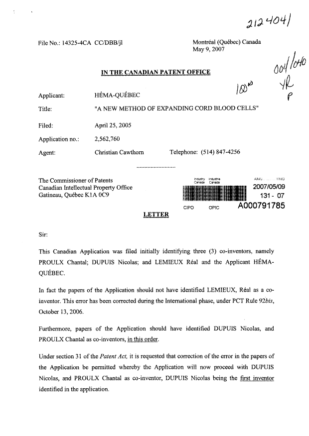 Document de brevet canadien 2562760. Correspondance 20061209. Image 1 de 2