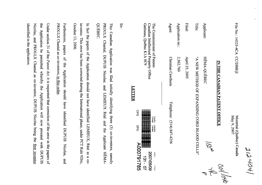 Document de brevet canadien 2562760. Correspondance 20061209. Image 1 de 2