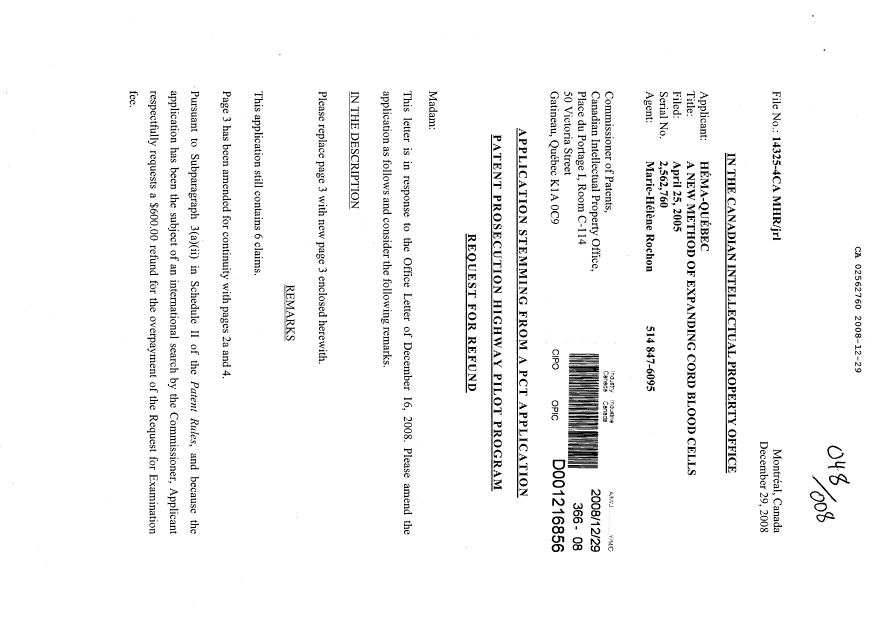 Canadian Patent Document 2562760. Prosecution-Amendment 20071229. Image 1 of 3
