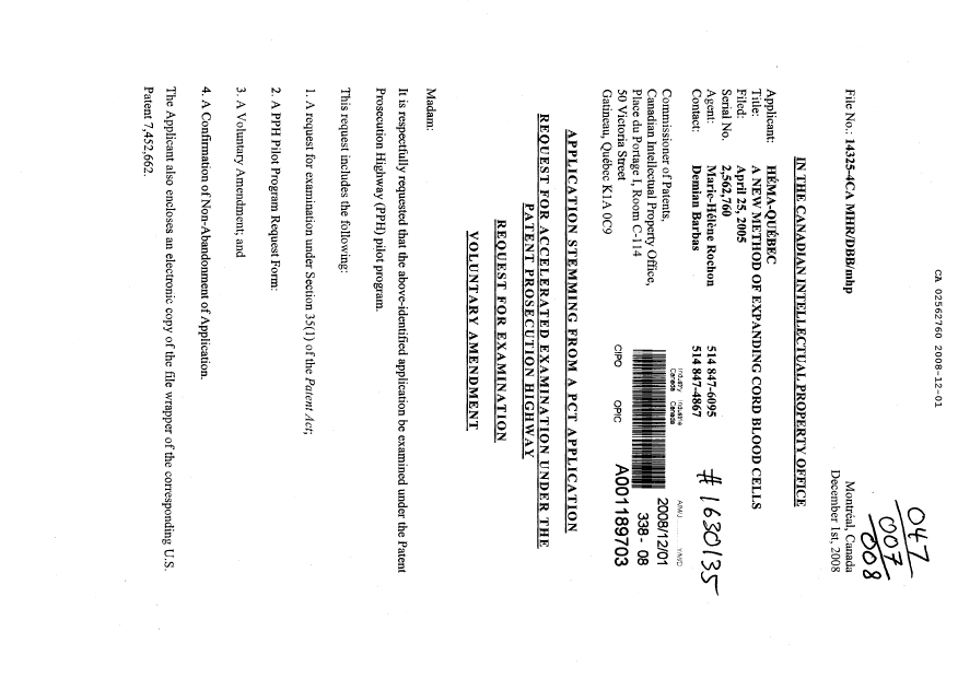 Document de brevet canadien 2562760. Poursuite-Amendment 20081201. Image 1 de 10