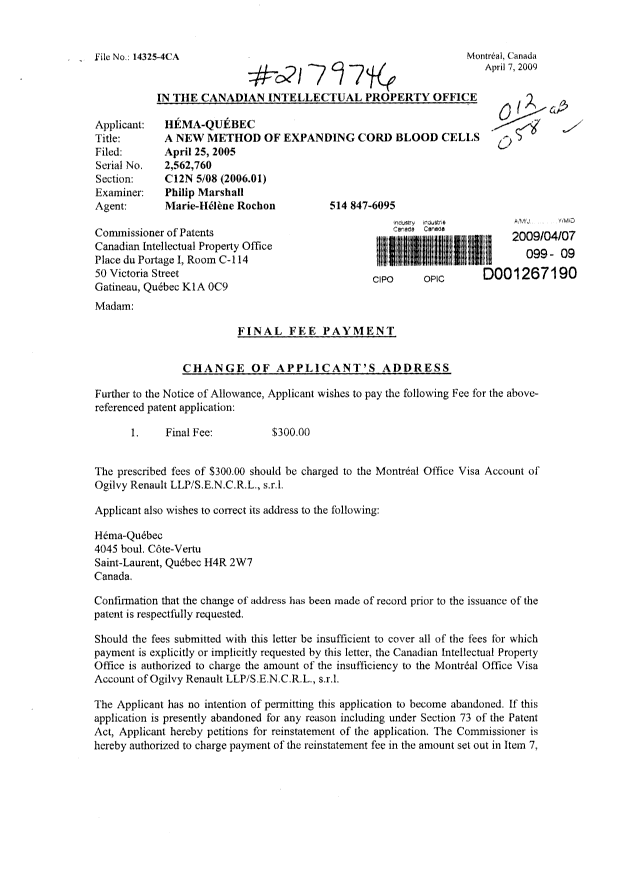Document de brevet canadien 2562760. Correspondance 20081207. Image 1 de 2
