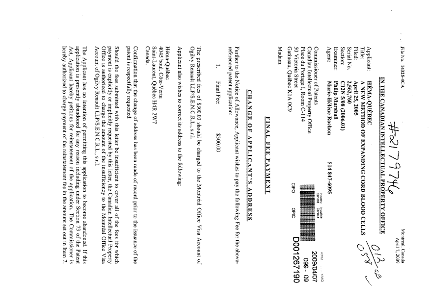 Canadian Patent Document 2562760. Correspondence 20081207. Image 1 of 2