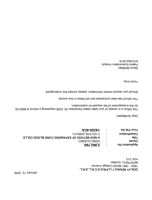Canadian Patent Document 2562760. Correspondence 20081212. Image 1 of 1