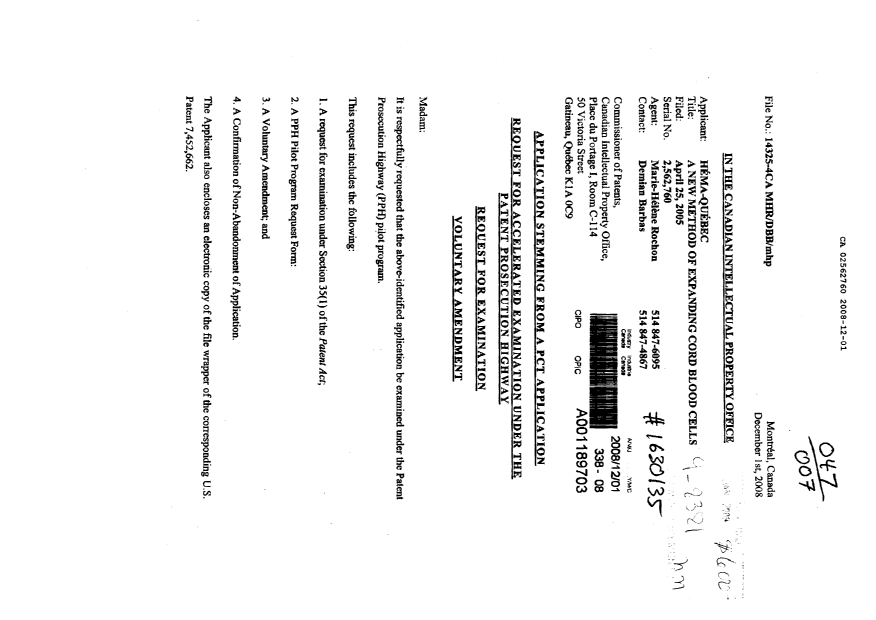 Document de brevet canadien 2562760. Poursuite-Amendment 20081216. Image 2 de 5