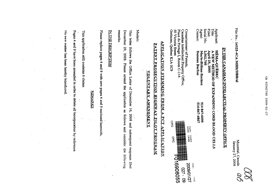 Document de brevet canadien 2562760. Poursuite-Amendment 20081227. Image 1 de 4