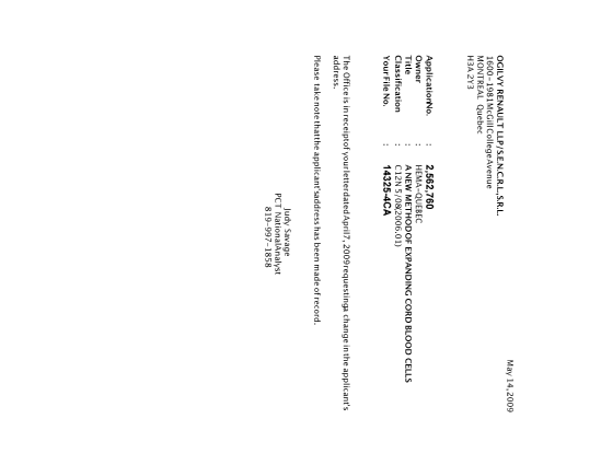 Document de brevet canadien 2562760. Correspondance 20090512. Image 1 de 1