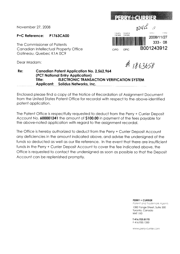 Document de brevet canadien 2562964. Cession 20081127. Image 1 de 9