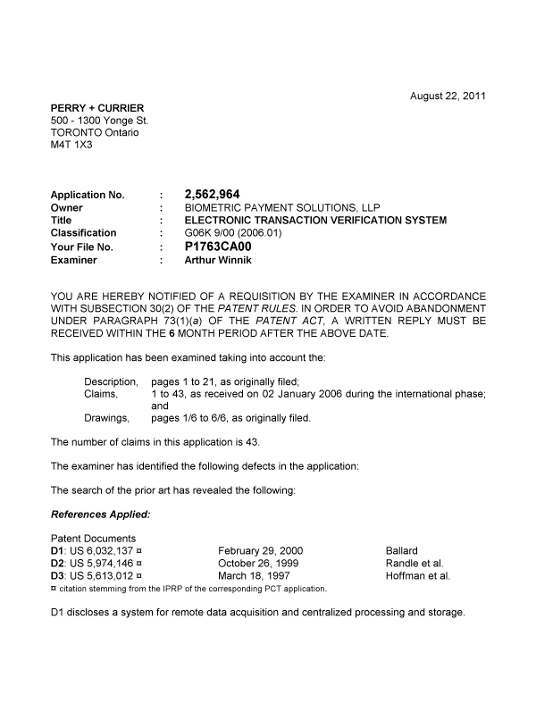 Document de brevet canadien 2562964. Poursuite-Amendment 20110822. Image 1 de 2