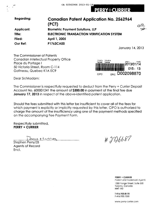 Document de brevet canadien 2562964. Correspondance 20130114. Image 1 de 1